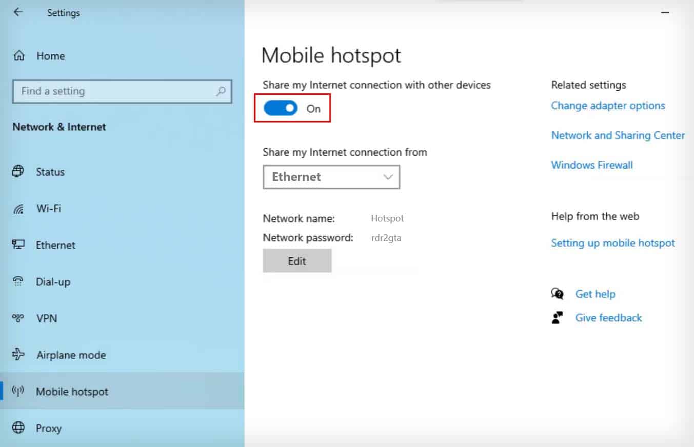 enabling hotspot win 10