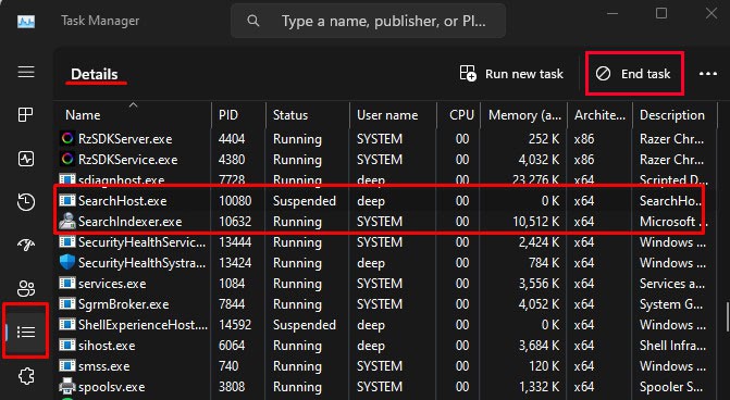 end searchhost and searchindexer task manager