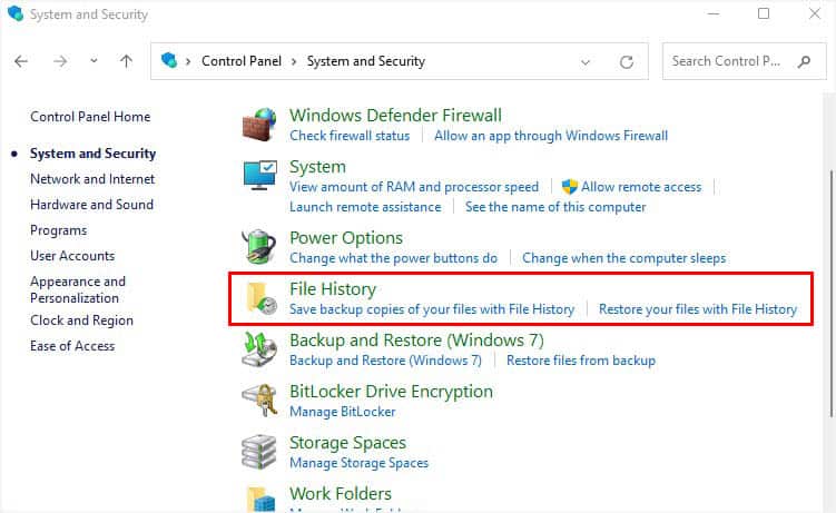 file history in control panel