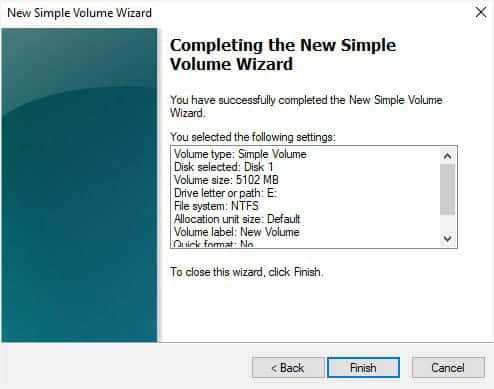 finish in new simple volume wizard