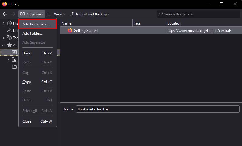 firefox add bookmark
