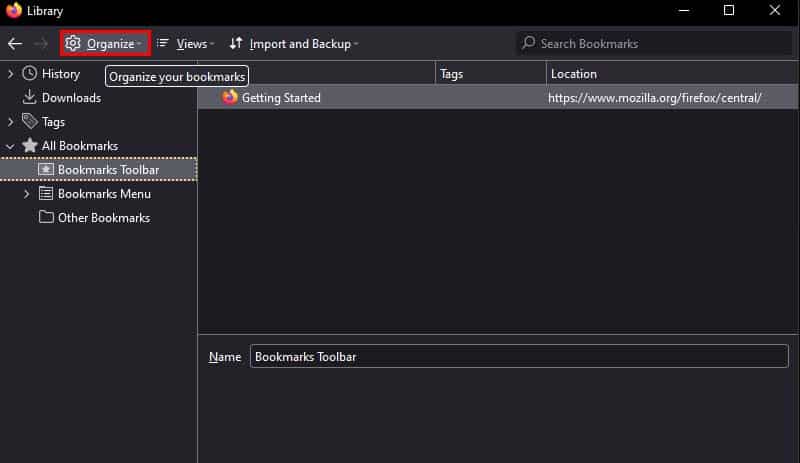 firefox bookmark manager organize
