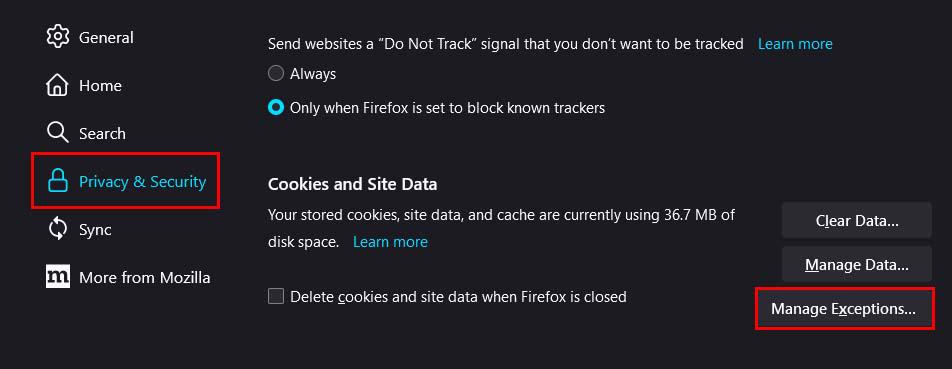 firefox cookies and site data manage exceptions