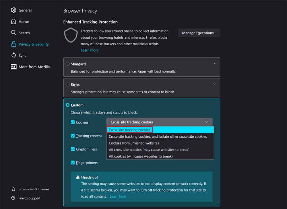 firefox disable cross site tracking cookies