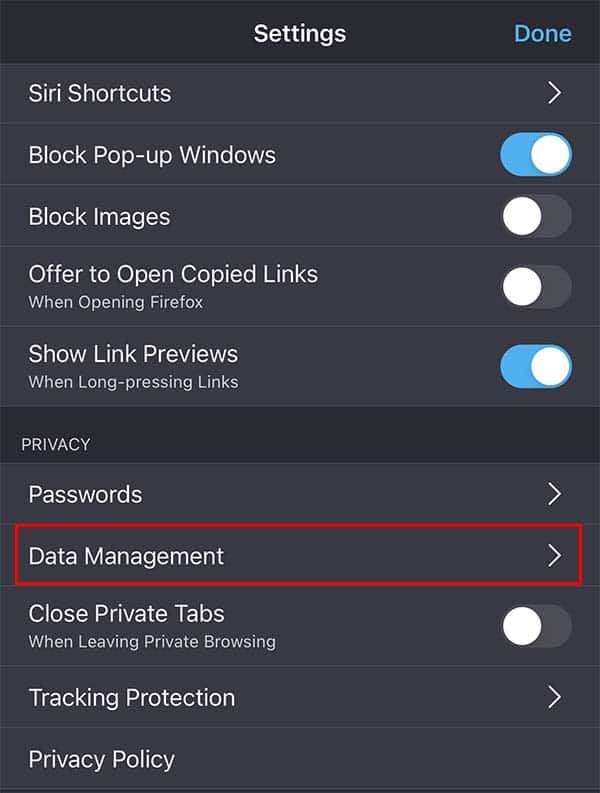 firefox setting data management