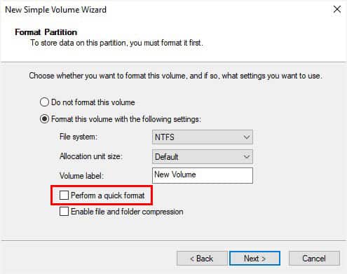 full format in new simple volume wizard