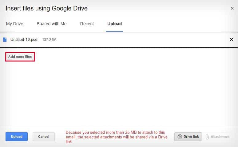 gmail insert files using google drive add more files