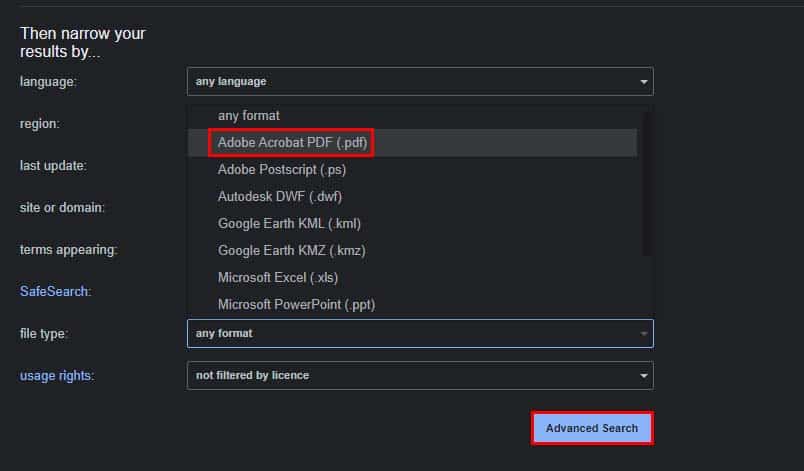 google advanced search pdf file only
