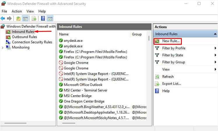 inbound rules new rule