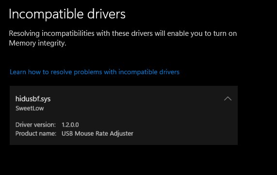incompatible driver memory integrity is off