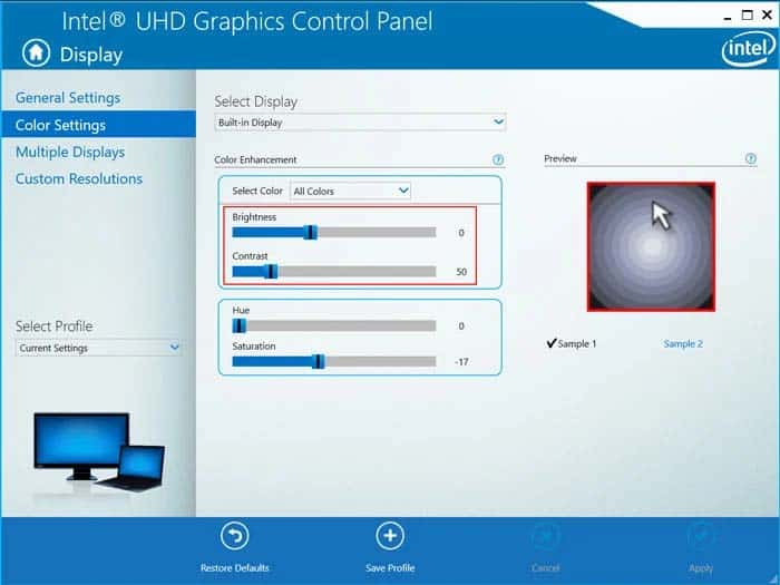 intel graphics control panel brightness control