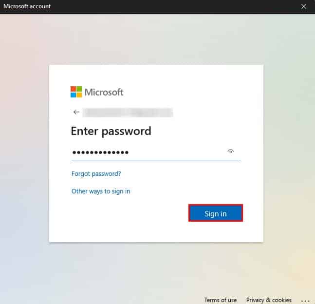 microsoft account sign in enter password
