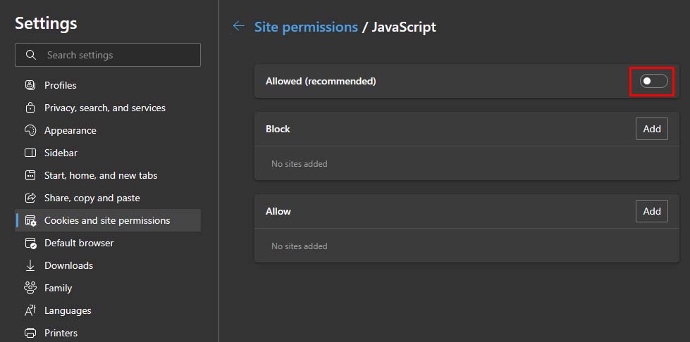 microsoft edge disable javascript