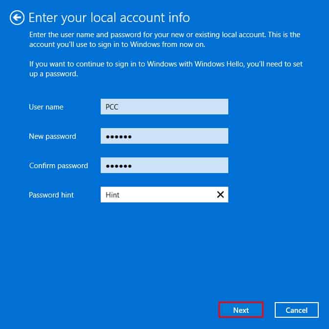 new local account info