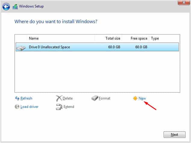 new option in windows setup hard drive partition