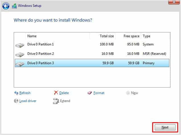 next after drive partition windows setup