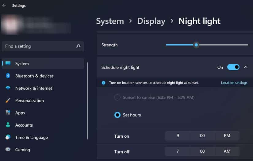 night light schedule set hours
