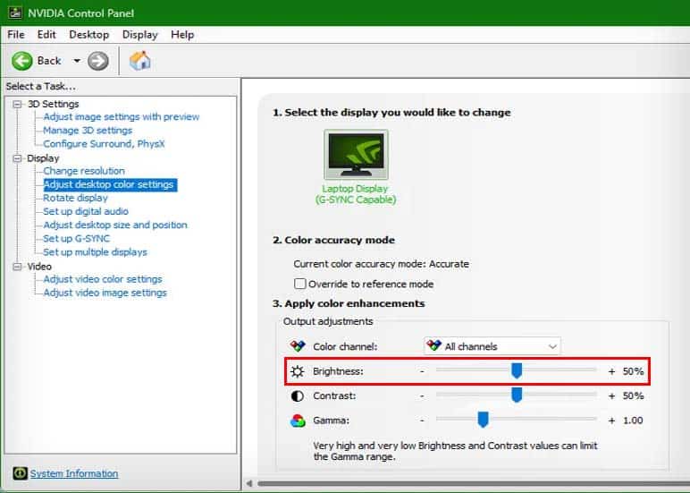 nvidia control panel brightness control