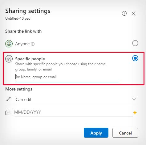 onedrive share file specify people