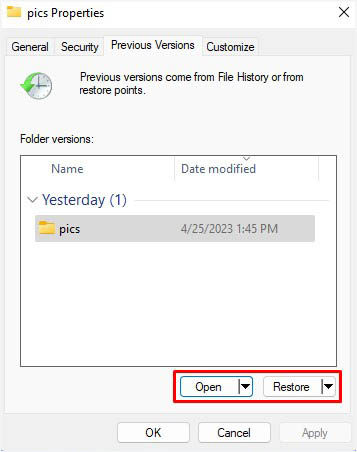 open and restore previous versions