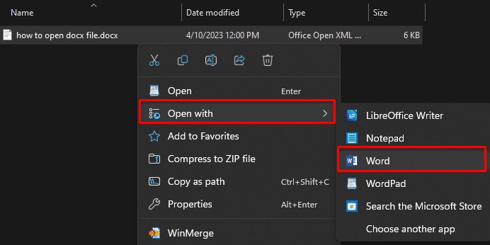 open docx file using word