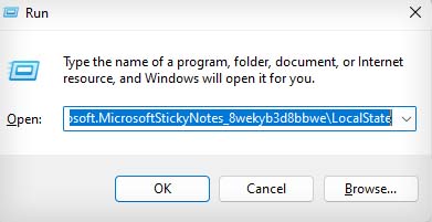 open sticky notes local state folder from run
