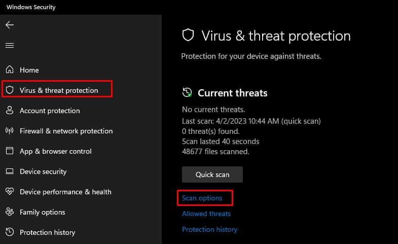 open virus and threat protection scan option