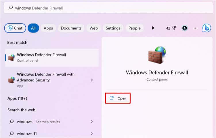 open windows defender firewall from start menu