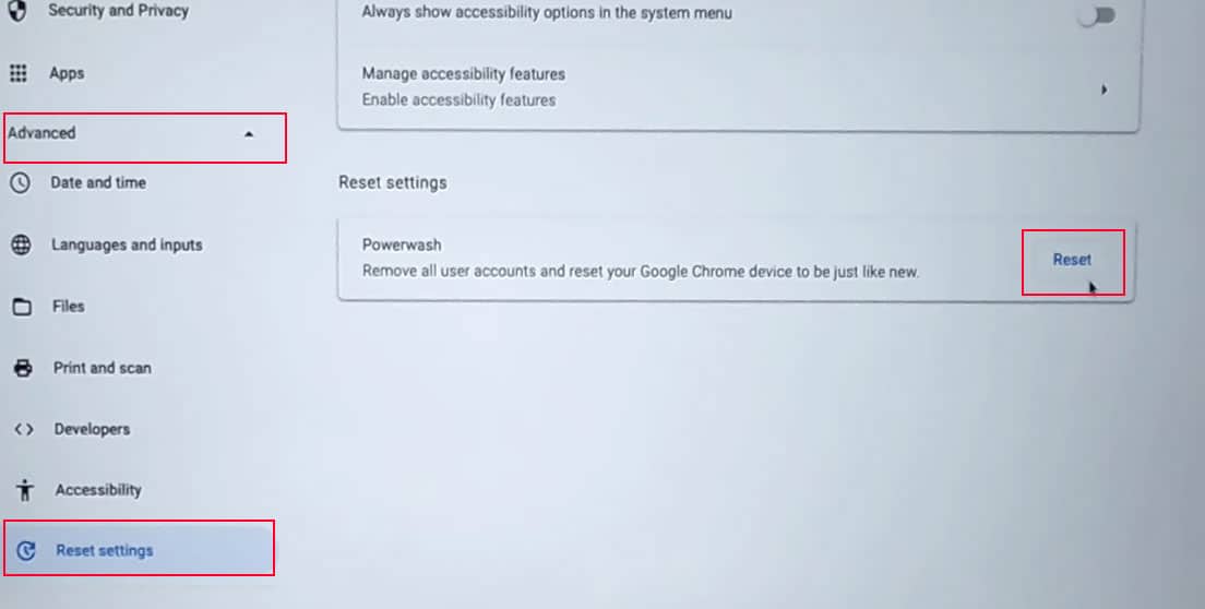 power wash chromebook from settings