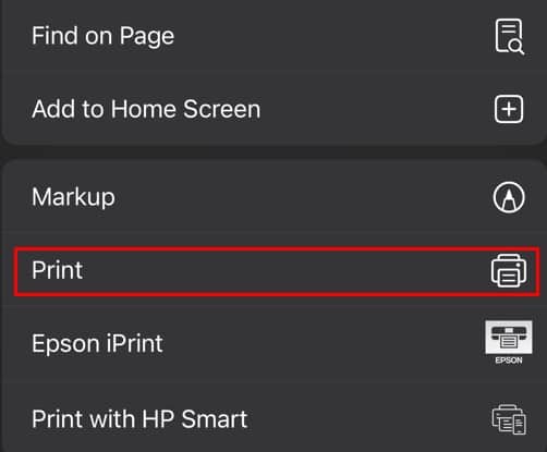 print option in iphone