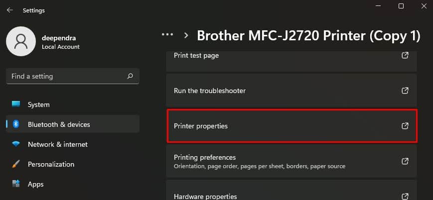 printer properties in settings of brother printer