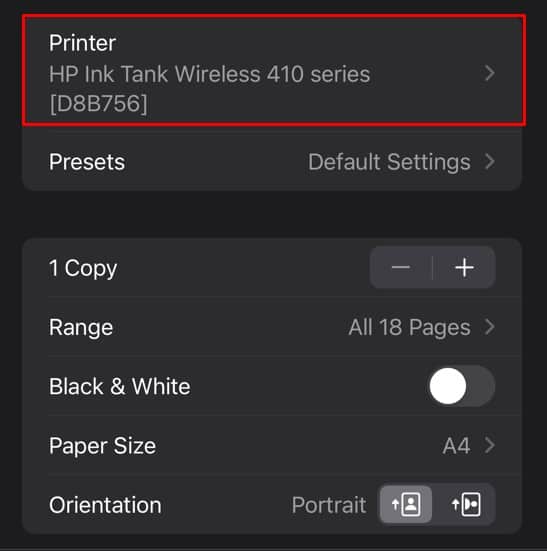 printer tab in iphone