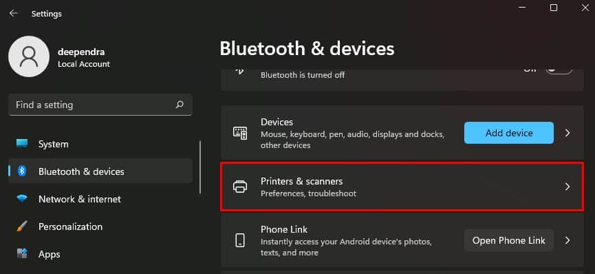 printers & scanners in settings