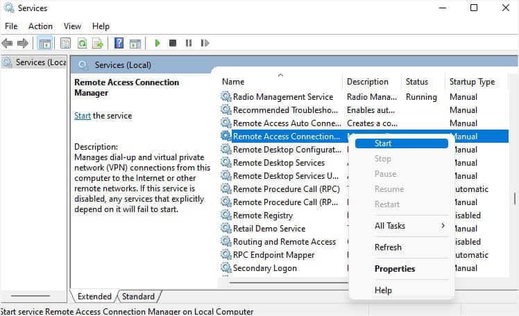 refresh remote access connection manager