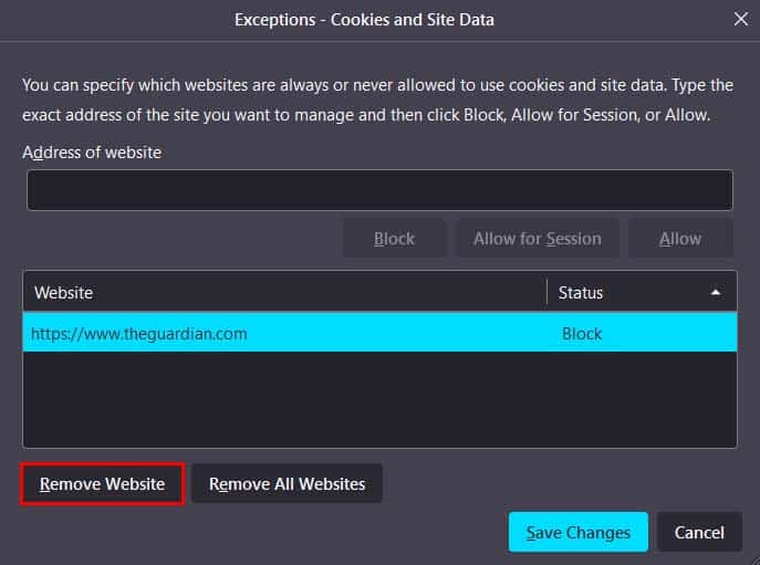 remove cookie blocked website