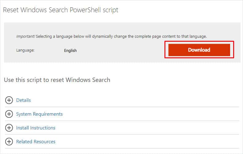 reset windows search powershell script