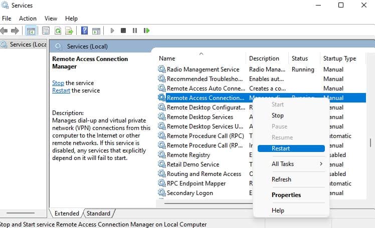 restart remote access connection manager