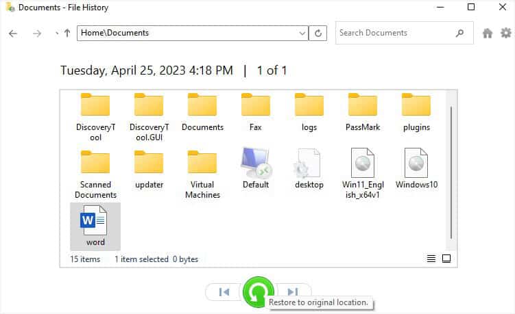 restore button in file history