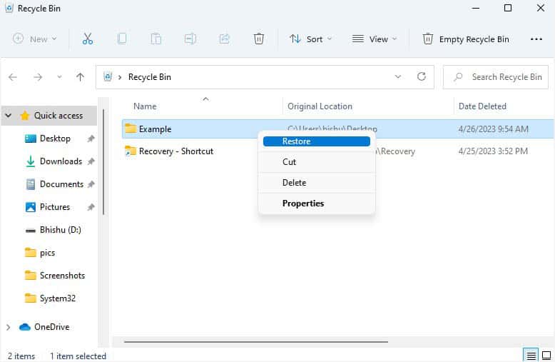 restore from recycle bin