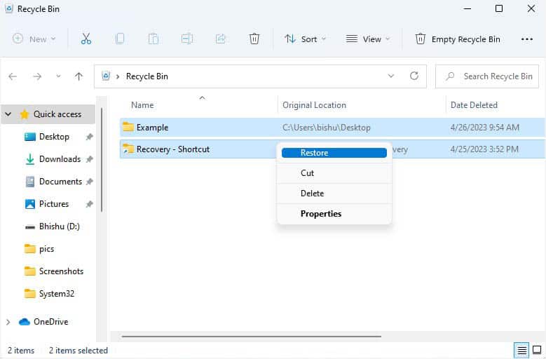 restore multiple files from recycle bin