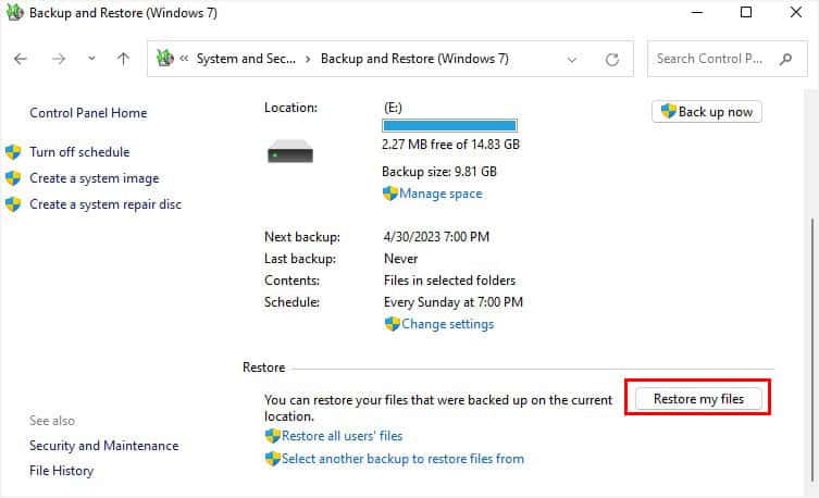 restore my files button