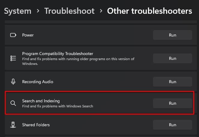 run search and indexing troubleshooter windows search not working