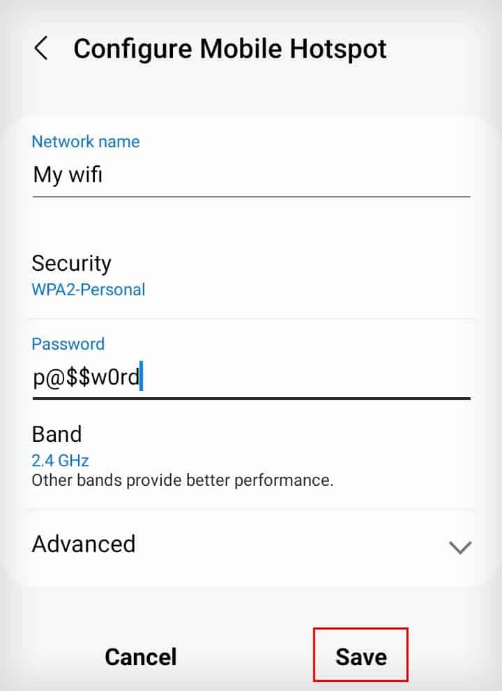 save mobile hotspot configuration