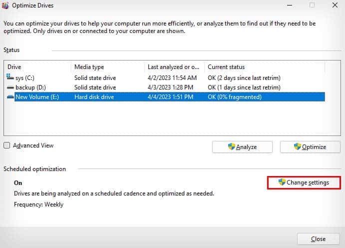 scheduled drive optimization change settings