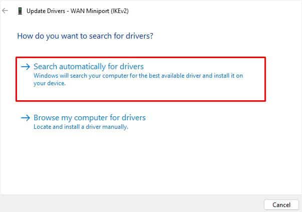 search automatically for wan miniport driver