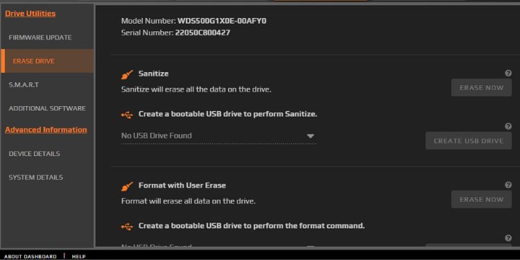 secure erase option in wd dashboard