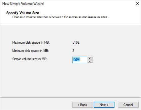 select size in new simple volume wizard