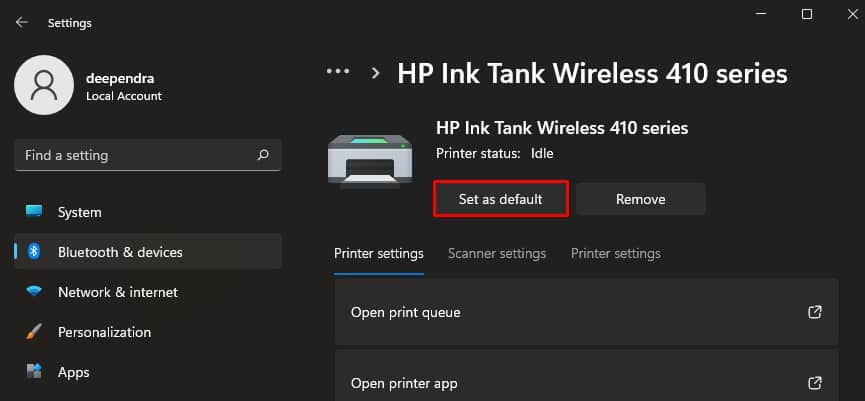 set as default printer from settings