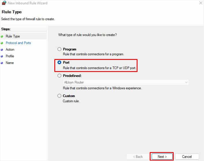 set rule type to port