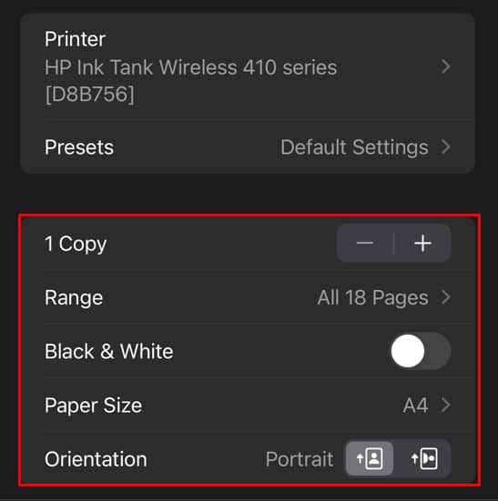 set the printing preference on iphone